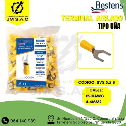 TERMINAL AISLADO TIPO UÑA 12-10AWG-4-6MM2 AMARILLO 5/16 ANCH.12MM 48A X 100U