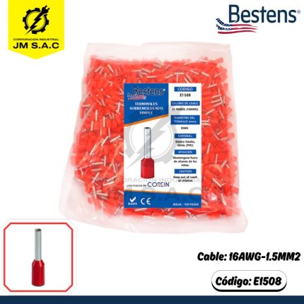 TERMINAL SOBREMOLDEADO SIMPLE 16AWG-1.5MM2 ROJO DIM.0.8 X 100U