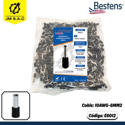 TERMINAL SOBREMOLDEADO SIMPLE 10AWG-6MM2 NEGRO DIM.12.0 X 100U