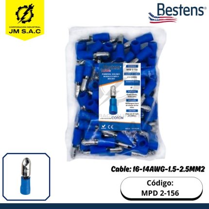 TERMINAL AISLADO BULLET ESPIGA MACHO 16-14AWG-1.5-2.5MM2 AZUL 15A X 100U