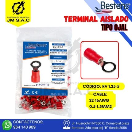 TERMINAL AISLADO TIPO OJAL 22-16AWG-0.5-1.5MM2 ROJO 3/16" ANCH.8.0MM 19A X 100U