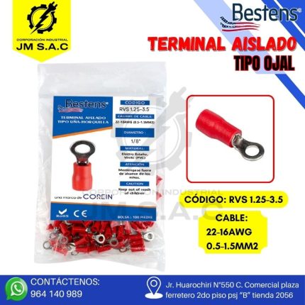 TERMINAL AISLADO TIPO OJAL 22-16AWG-0.5-1.5MM2 ROJO 1/8" ANCH.5.7MM 19A X 100U