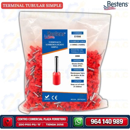 Terminal tubular simple E1508 para cable 16AWG 1.5mm² color rojo bolsa de 100 und - Bestens