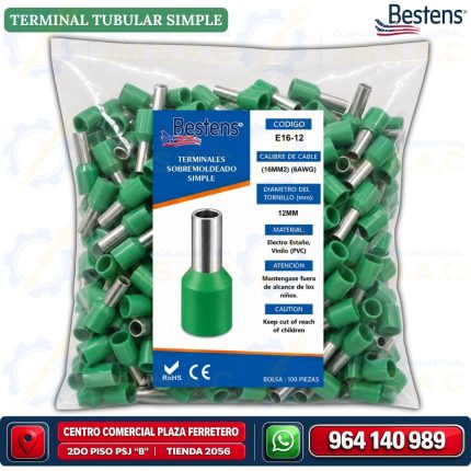 Terminal tubular simple E16-12 para cable 6AWG 16mm² color verde bolsa de 100 und - Bestens