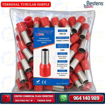 Terminal tubular simple E95-25 para cable 30AWG 95mm² color rojo bolsa de 100 und - Bestens