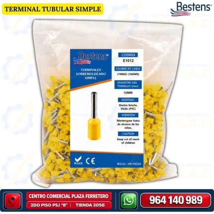 Terminal tubular simple E1012 para cable 18AWG 1mm² color amarillo bolsa de 100 und - Bestens