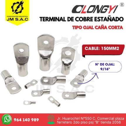 TERMINAL OJAL DE COBRE ESTAÑADO 150MM HUECO 9/16" CAÑON CORTO